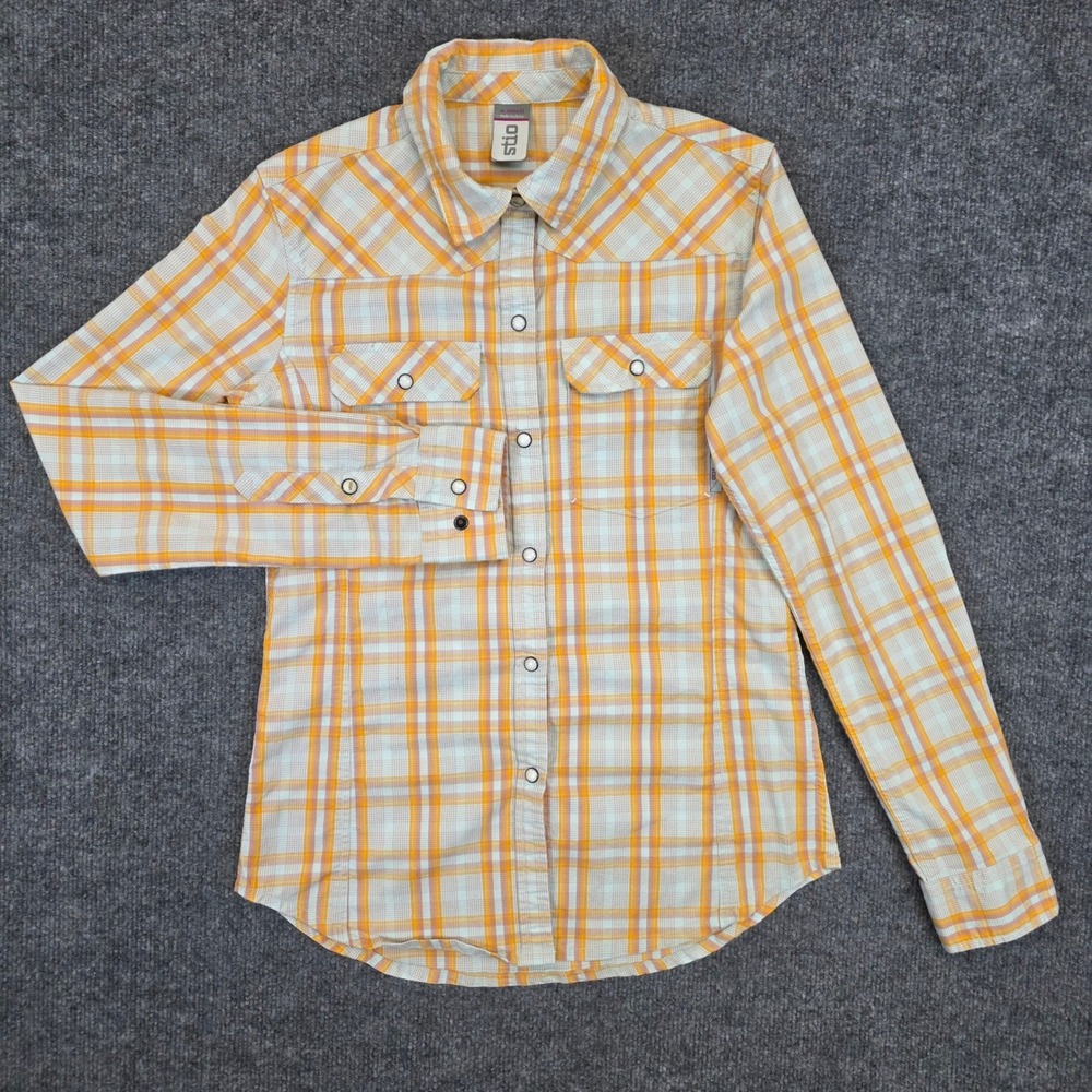 Stio Flannel  Shirt Womens XS Orange Yellow Plaid Western Pearl Snap Long Sleeve